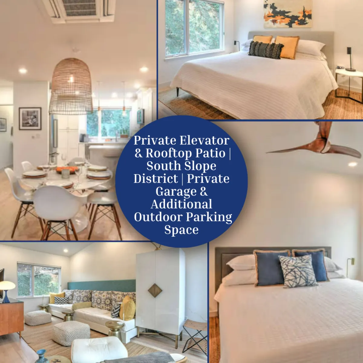 The image showcases the inviting open-concept main floor of the townhome, blending a stylish living area with modern art, a chic dining space set for gatherings, and a cozy bedroom adorned with plush bedding and decorative pillows. The scene radiates a contemporary, upscale feel perfect for relaxing or entertaining.